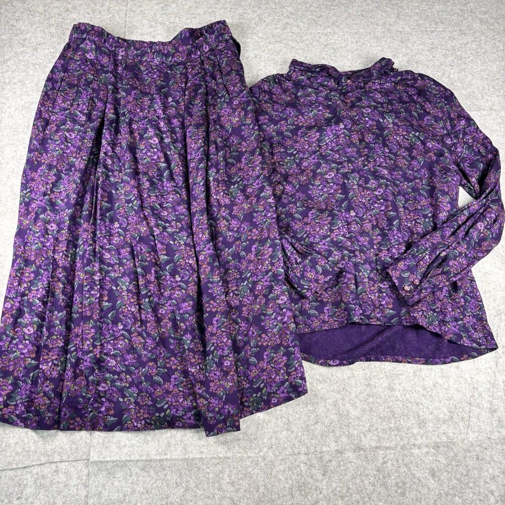 Vintage 1980s Sophisticates Pendleton 2 Piece Set Purple Floral Blouse Skirt EUC